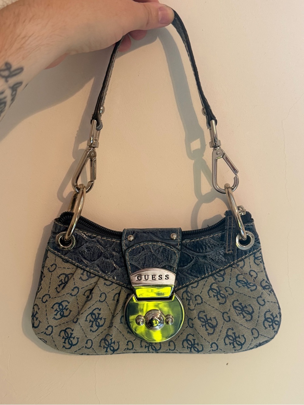 GUESS Blue Monogram Mini Shoulder Bag with Silver Hardware